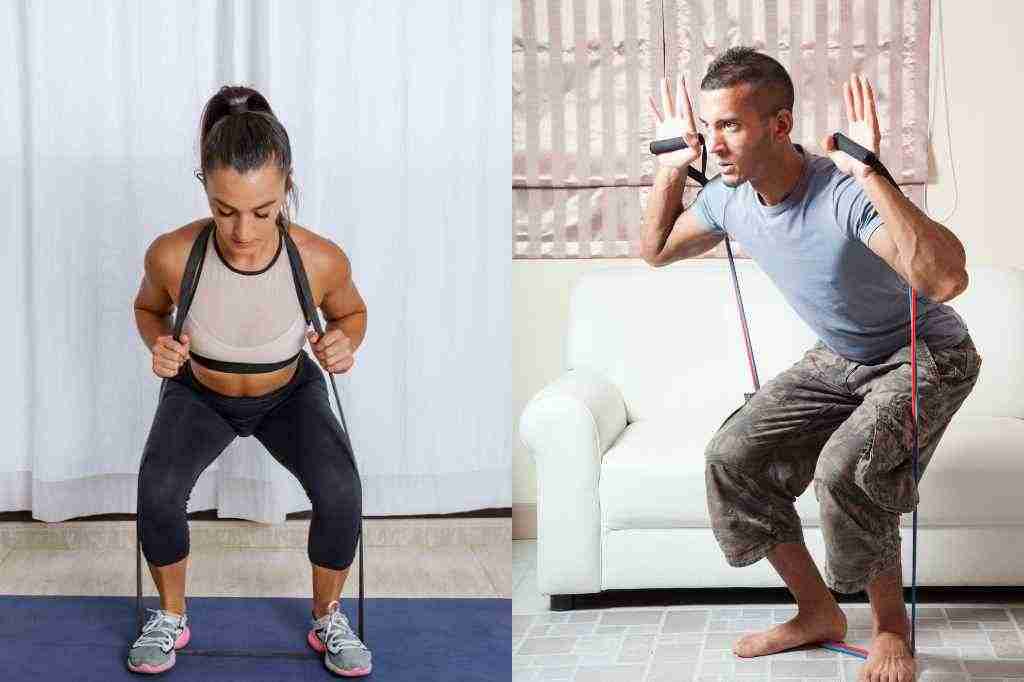 squats with resistance bands in hotel room